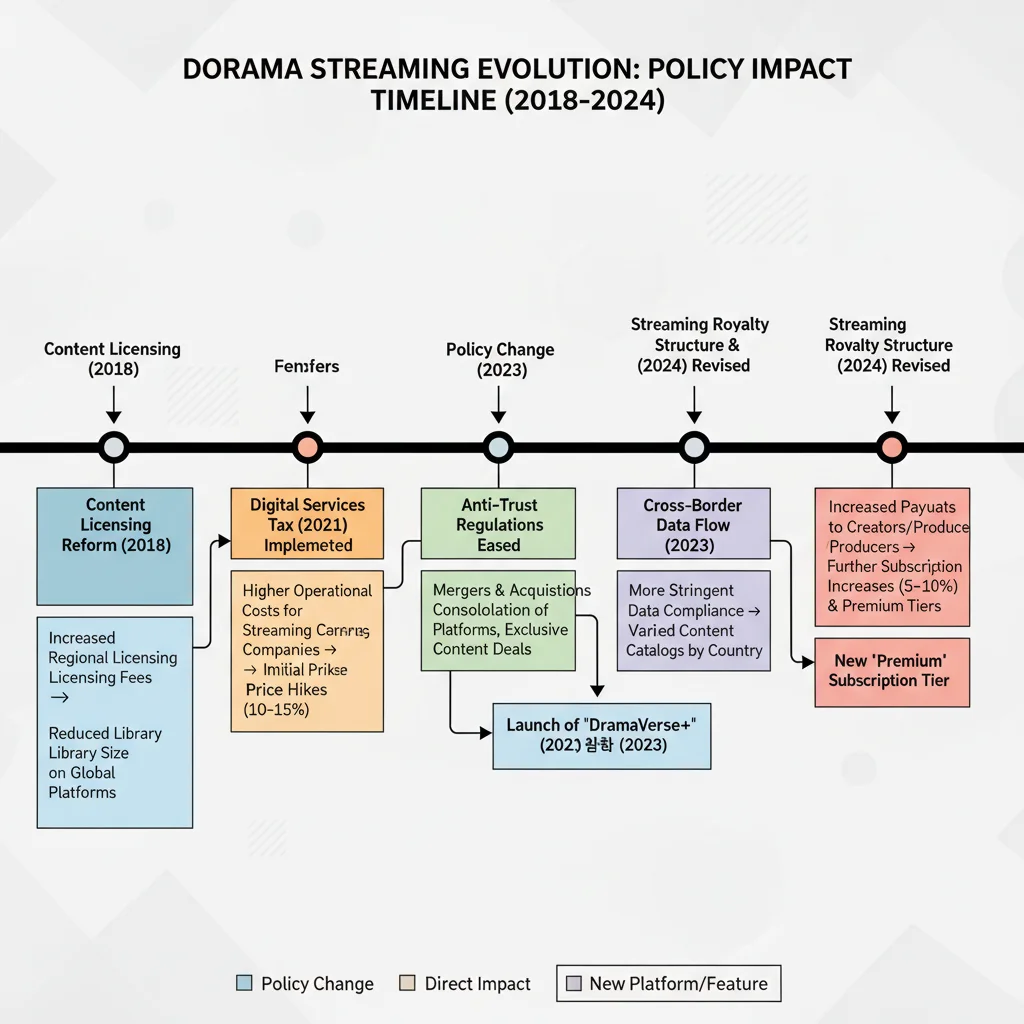 Infographic showing policy change timeline and its impact on dorama availability and pricing.