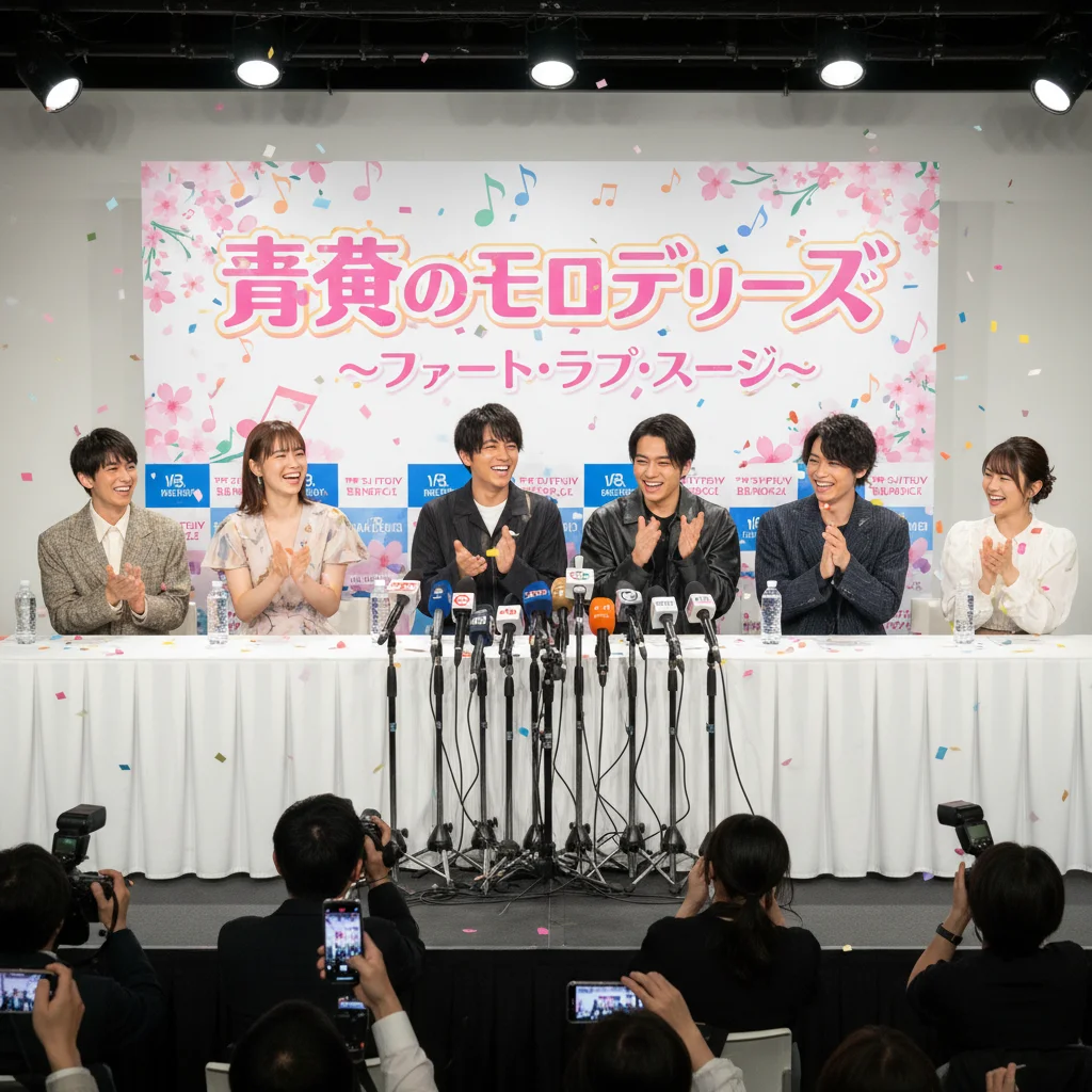Actors at a press conference for new dorama releases, looking excited.