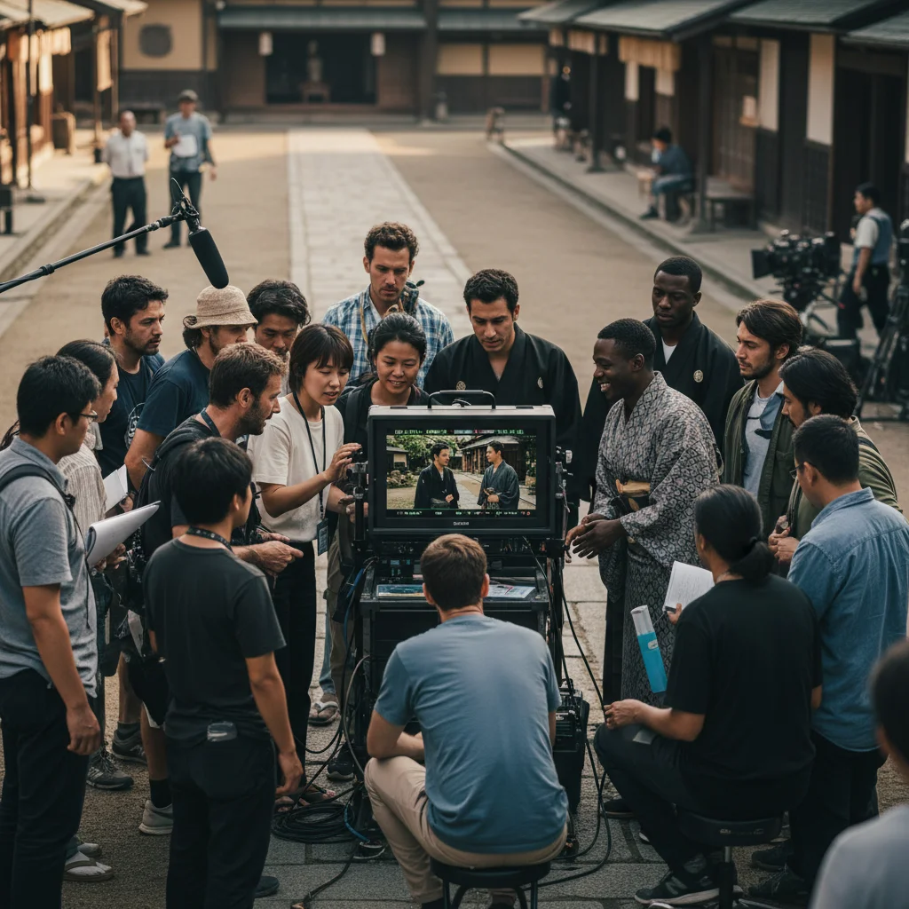 Dorama production team reviewing a scene on set