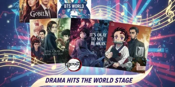 Dynamic collage of dorama soundtracks reaching US music charts in June 2026, showcasing global music impact.