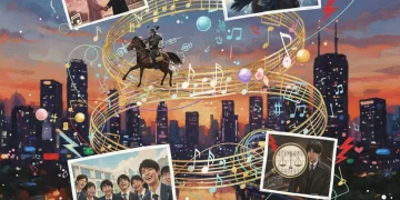 Dynamic collage of dorama scenes and musical elements, symbolizing the emotional depth of soundtracks.