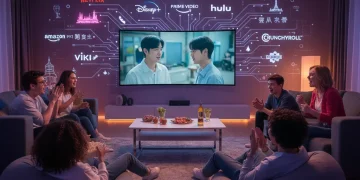 Group of friends enjoying dorama streaming on a large screen, highlighting global entertainment access.