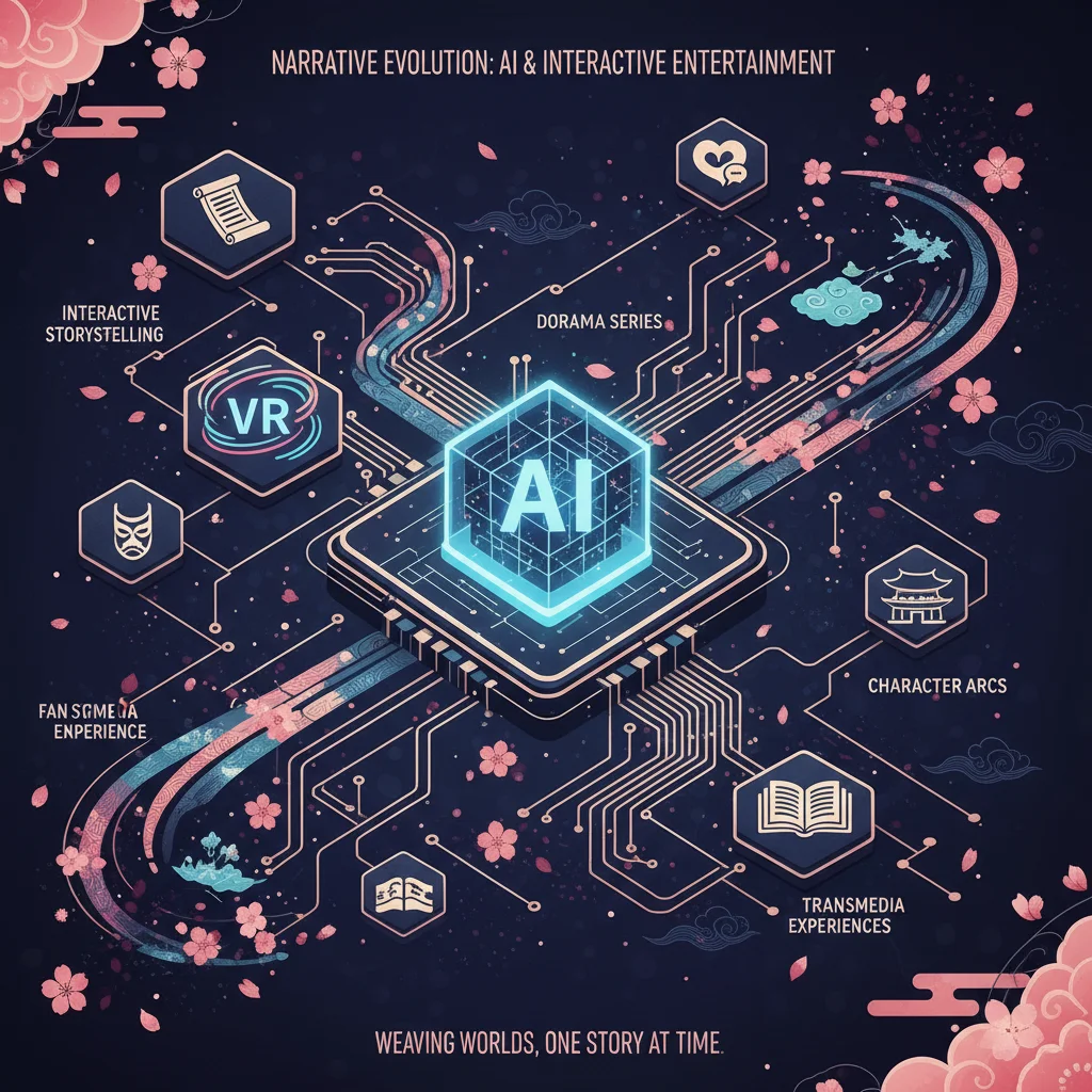 Infographic depicting technological innovation in storytelling, including AI, VR, and interactive narratives, influencing dorama.