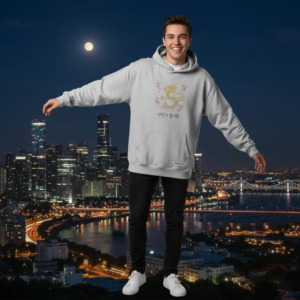 Stylish fan wearing a custom dorama-themed hoodie with embroidered drama symbol