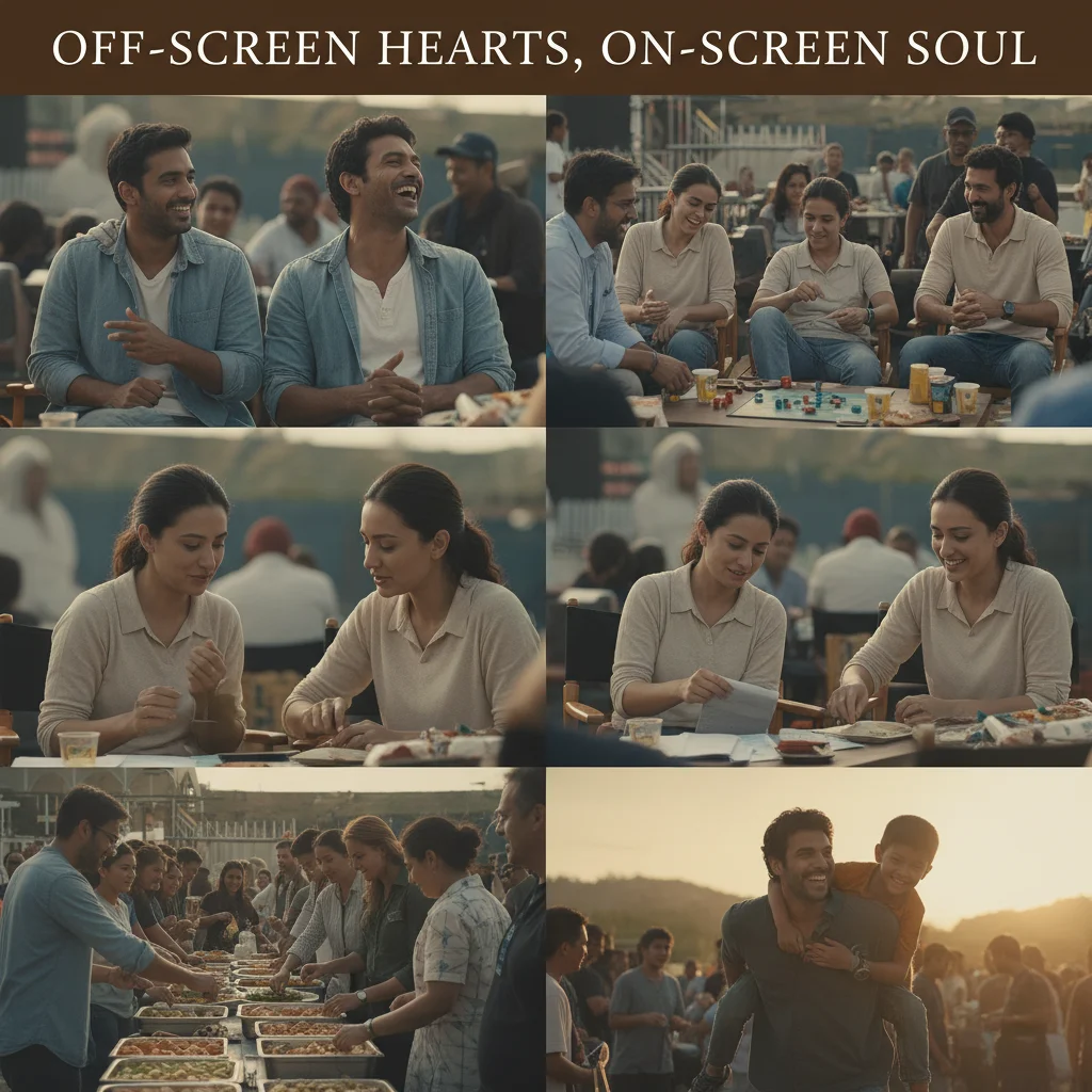 Candid moments of drama cast enjoying camaraderie on set.