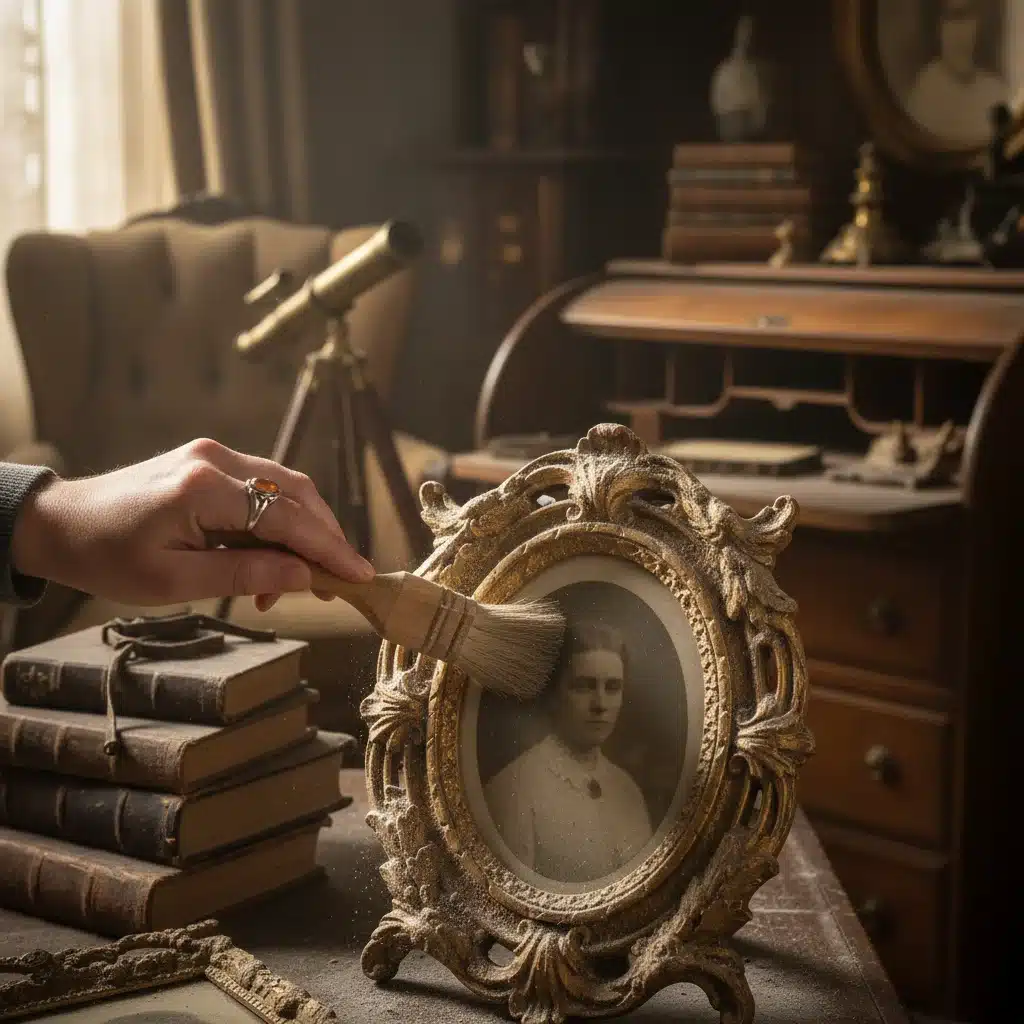 Hand dusting an ornate vintage photo frame in an antique shop