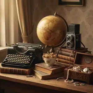 Eclectic collection of vintage items including a globe, typewriter, and camera