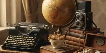 Eclectic collection of vintage items including a globe, typewriter, and camera