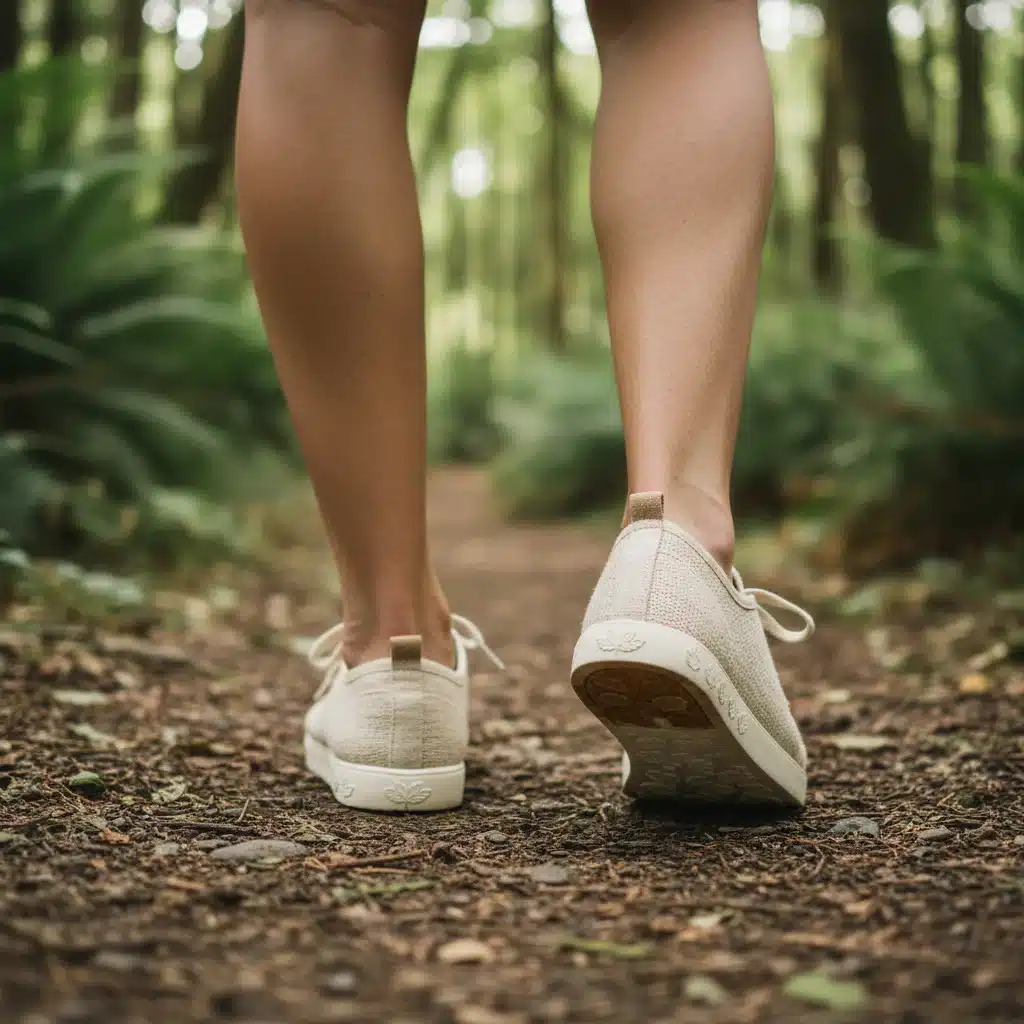 Person wearing eco-friendly sneakers walking in nature