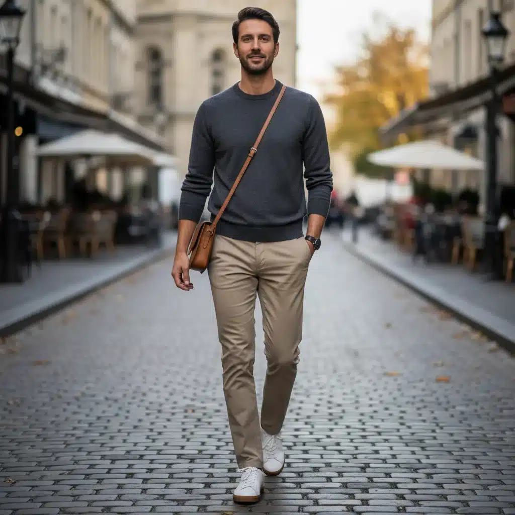 Person confidently walking in a knit sweater, chinos, and sneakers