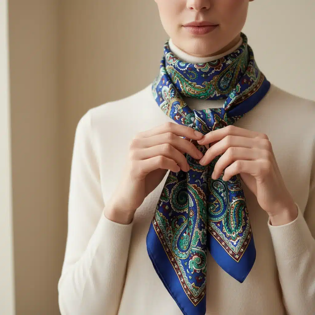 Woman tying a silk scarf in a chic knot around her neck