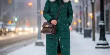 Woman in emerald green puffer coat on snowy city street