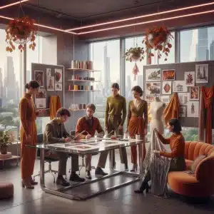Emerging designers collaborating on Fall 2026 fashion trends in a creative studio.