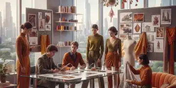 Emerging designers collaborating on Fall 2026 fashion trends in a creative studio.