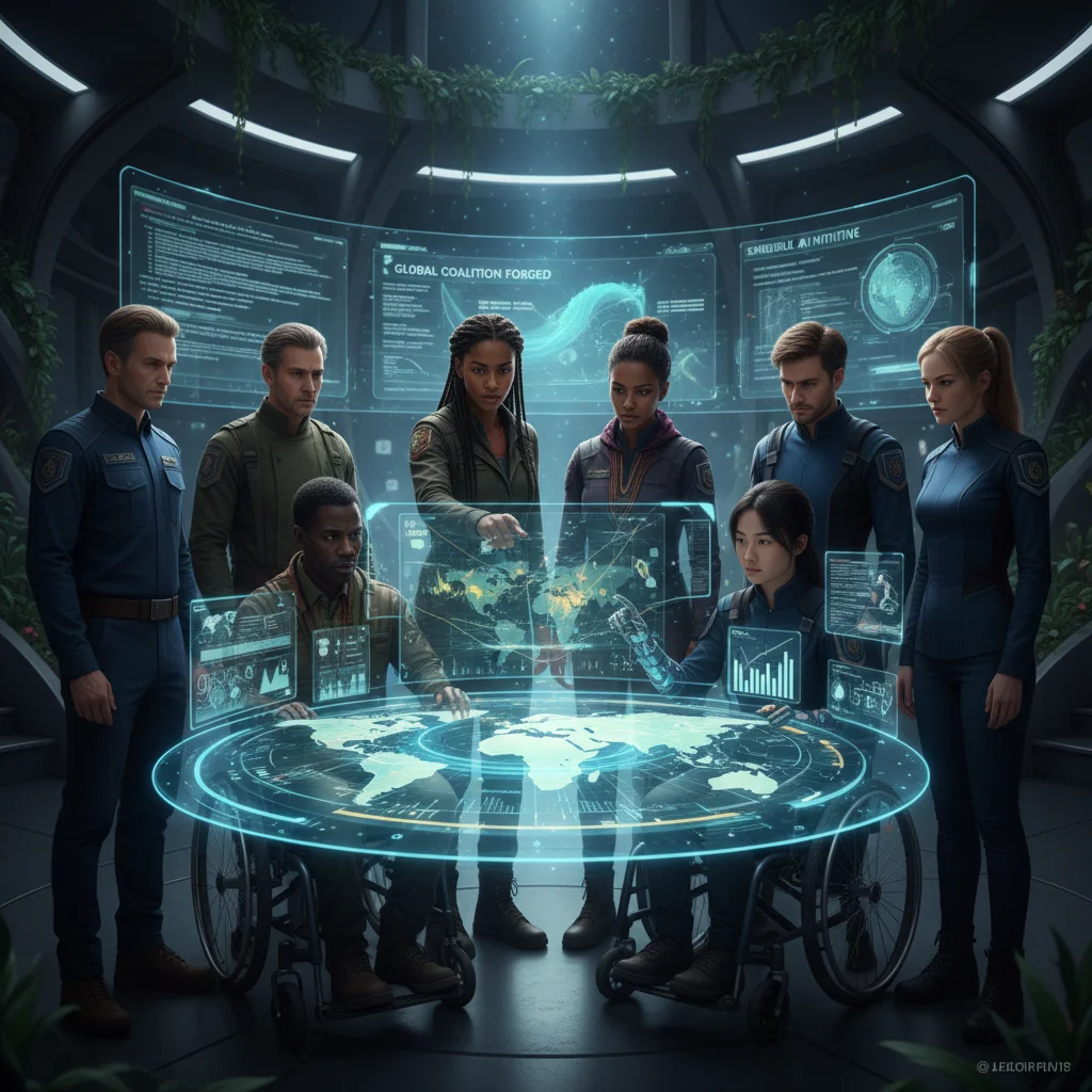 Diverse group collaborating on a complex holographic display, representing ensemble drama.