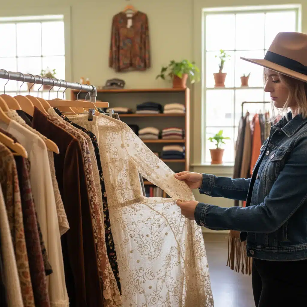 Person examining a vintage dress in a thrift store