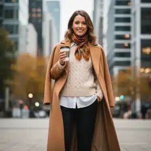 Woman expertly styled in multiple layers for 2026 fashion trends, urban background