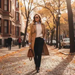 Stylish woman in camel trench coat and layered fall outfit walking in autumn city