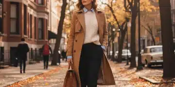 Stylish woman in camel trench coat and layered fall outfit walking in autumn city