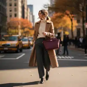 Woman in elegant fall street style outfit with long coat and wide-leg trousers