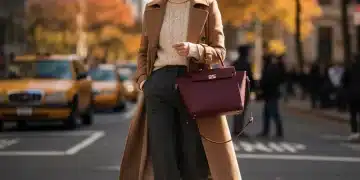Woman in elegant fall street style outfit with long coat and wide-leg trousers