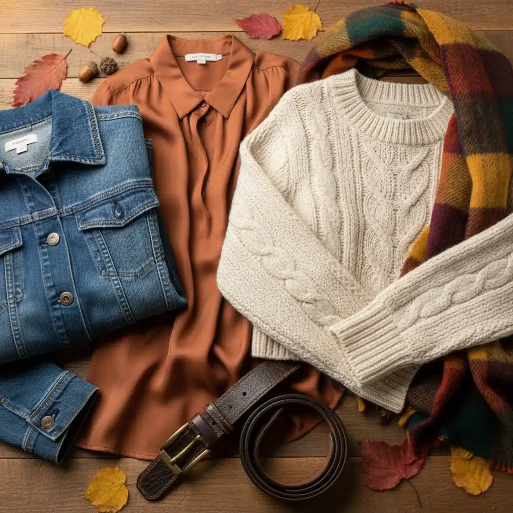 Flat lay of cashmere, silk, denim, wool, and leather textures for fall fashion