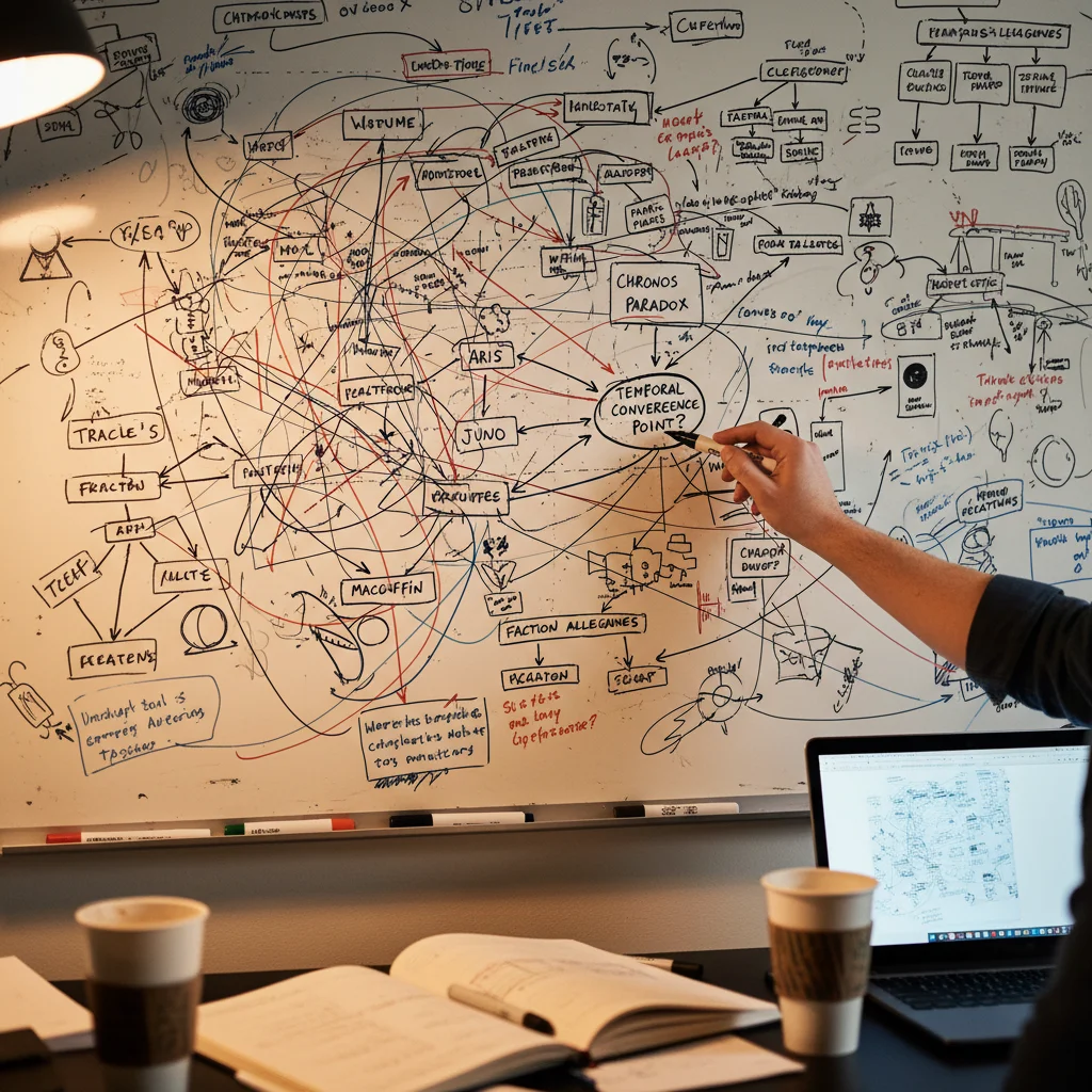 Whiteboard with complex flowcharts and character maps, illustrating detailed fan theories.