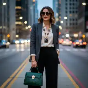 Stylish woman demonstrating essential fashion accessories in a modern city setting.