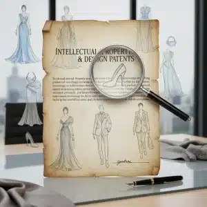 Legal documents and fashion sketches symbolizing intellectual property protection for designers.