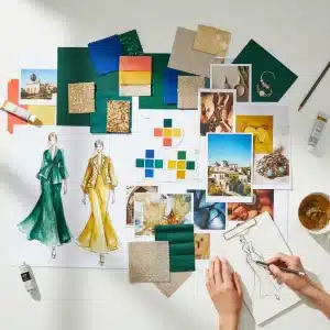 Fashion designer's mood board with sketches and fabric swatches