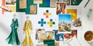 Fashion designer's mood board with sketches and fabric swatches
