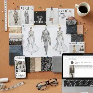 Fashion designer's PR strategy mood board with sketches and media clippings