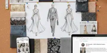 Fashion designer's PR strategy mood board with sketches and media clippings