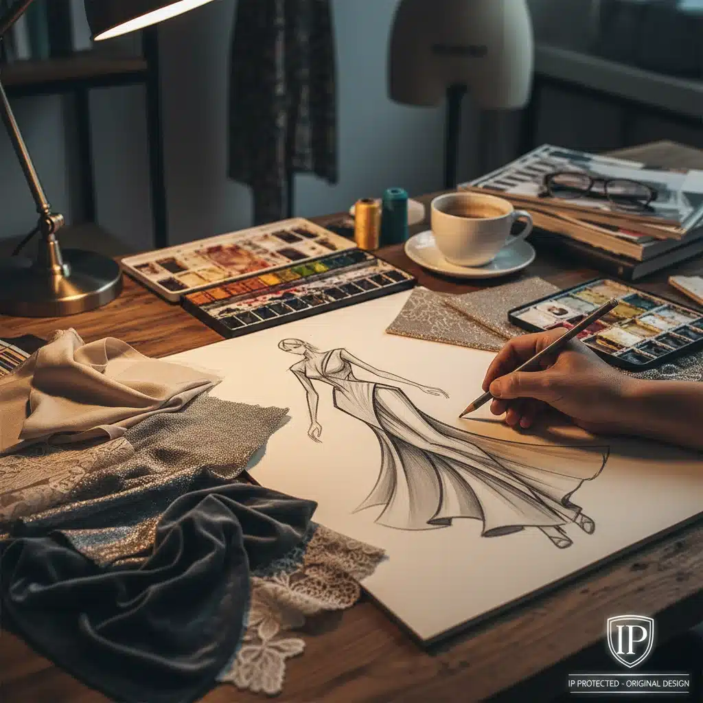 Fashion designer sketching a unique garment, highlighting original creative work.