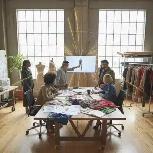Fashion designers collaborating on new collections for US retail expansion.