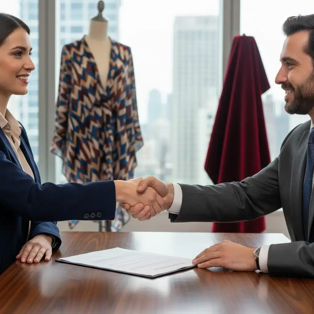 Business professionals shaking hands over a contract, symbolizing legal agreements in fashion.