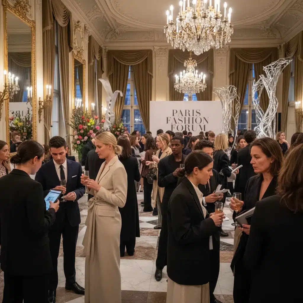 Fashion industry professionals networking at a bustling fashion week event, exchanging business cards.