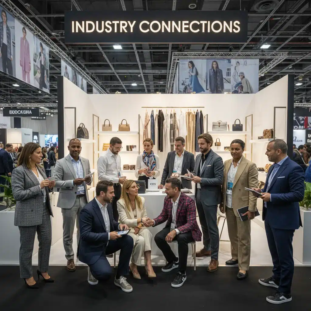 Fashion entrepreneurs networking at a trade show
