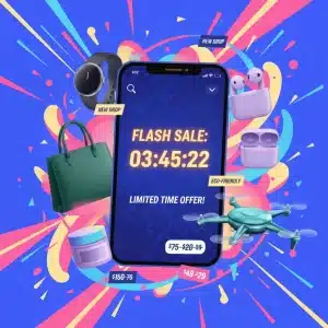 Smartphone showing flash sale countdown with diverse emerging brand products