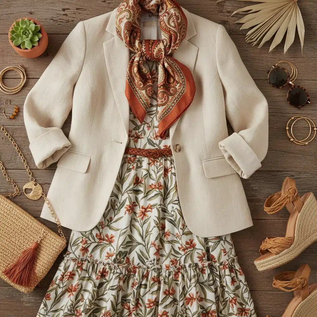 Flat lay of clothing and accessories demonstrating a cohesive outfit from one color palette