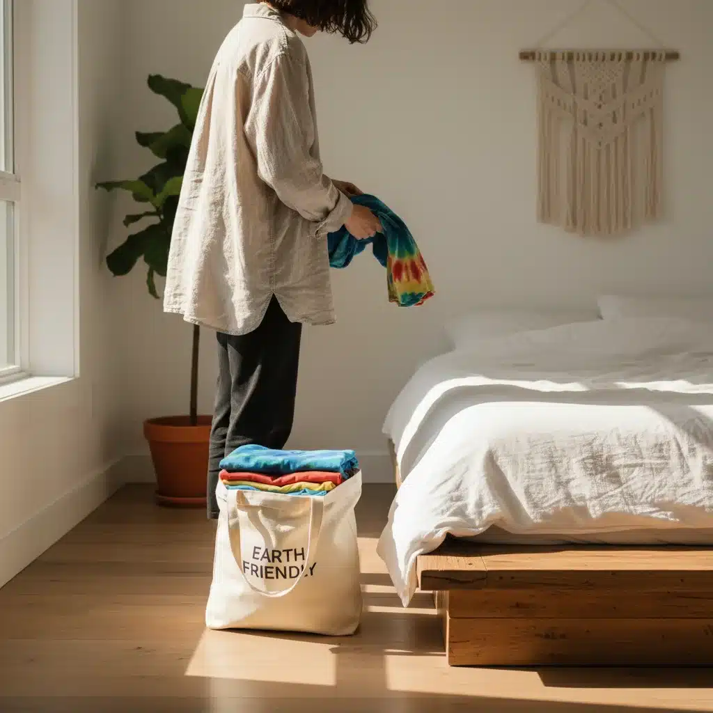 Folding sustainably made t-shirts into a reusable tote bag.