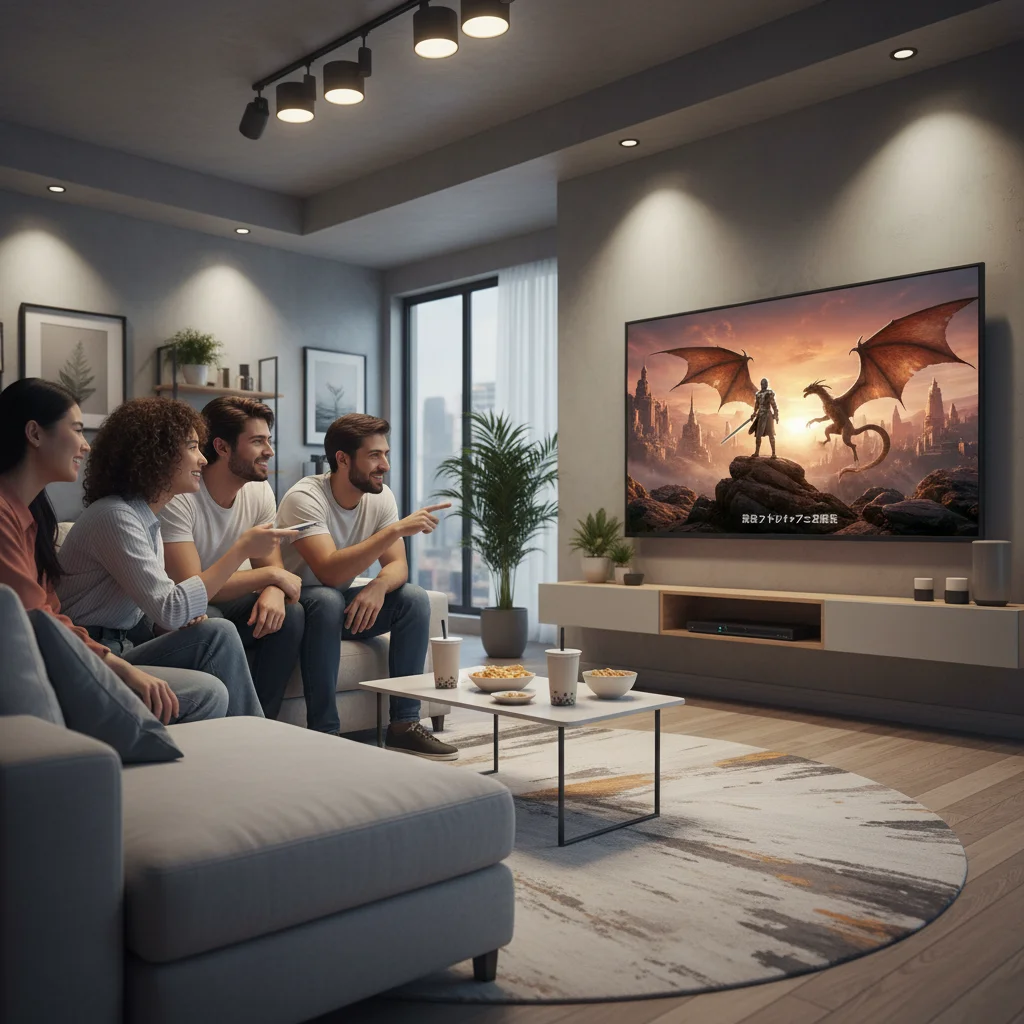 Friends gathered, discussing a captivating short dorama on a smart TV.