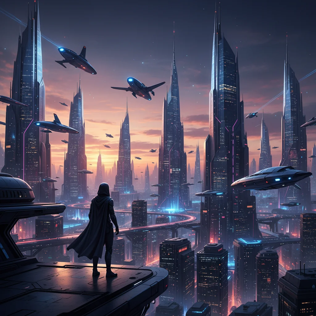 Futuristic cityscape at dusk with a lone figure, symbolizing mystery and advanced technology in a drama.
