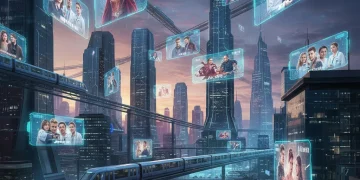 Futuristic cityscape with holographic projections of trending drama characters, symbolizing entertainment forecast.