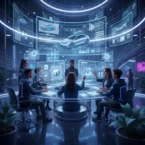 Emerging designers collaborating with AI interfaces in a futuristic studio setting