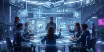 Emerging designers collaborating with AI interfaces in a futuristic studio setting