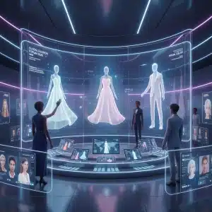 Futuristic digital fashion showroom displaying virtual collections