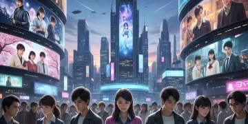 Futuristic cityscape with people watching diverse dorama genres on holographic screens, symbolizing evolving entertainment trends.