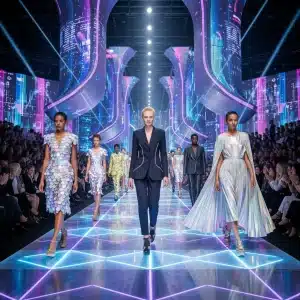 Models on a futuristic runway at fashion week showcasing innovative designs for emerging designers.