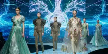 Models on a futuristic runway displaying clothing made from sustainable and innovative fabrics.